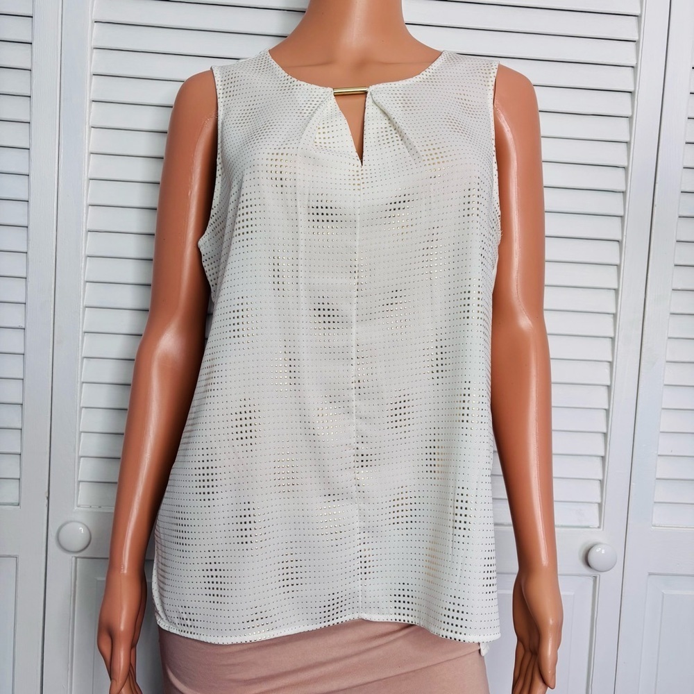 CALVIN KLEIN Off White Gold Studded Sleeveless V-Neck Blouse Size Medium